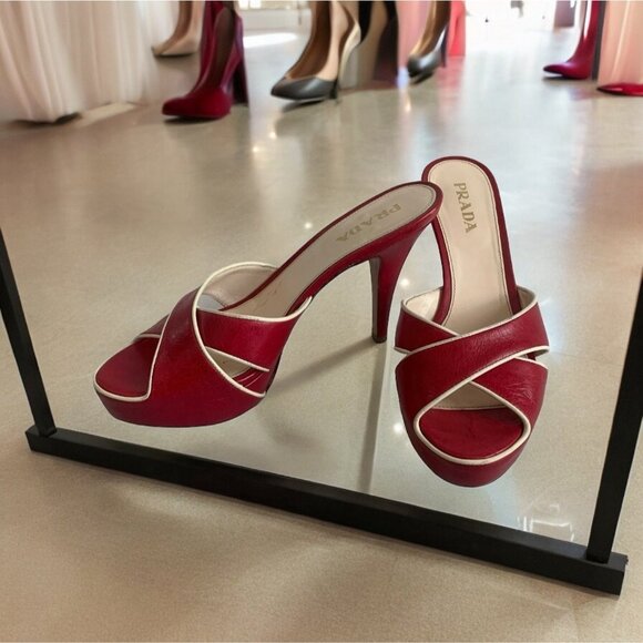 Prada Vitello Raspberry Beige Leather Platform Peep Toe High Heel Sandals - Picture 1 of 7